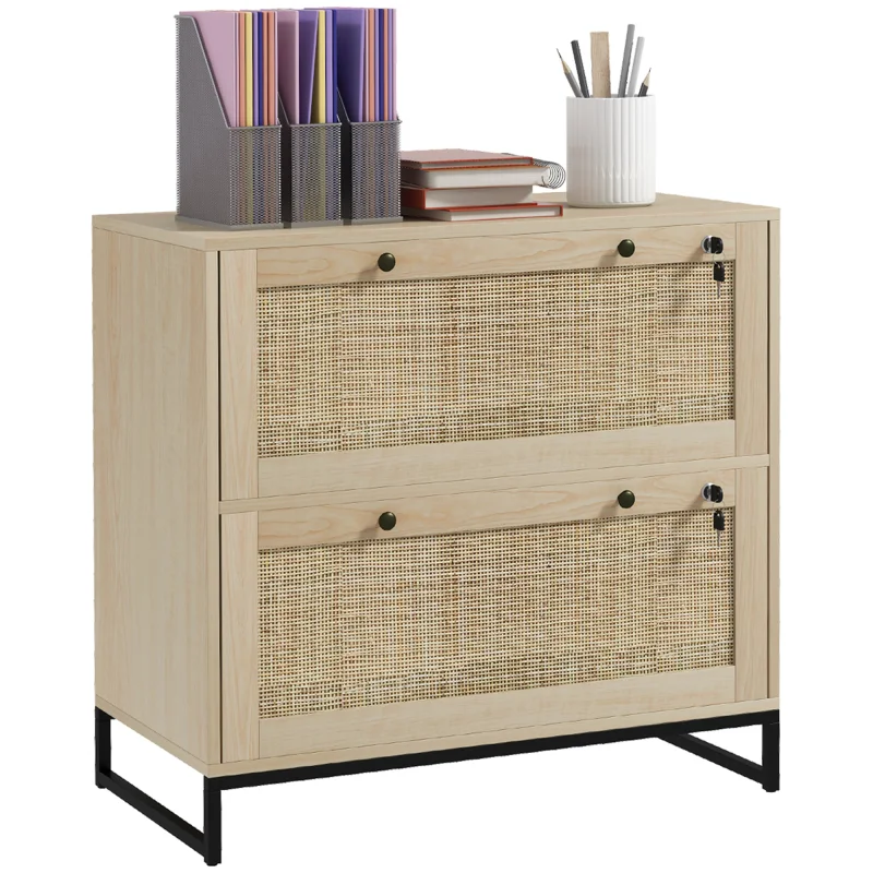 Lockable Filing Cabinet, Boho 2 Drawer File Cabinet with Adjustable Hanging Bar for Letter, A4 and Legal Size, Natural