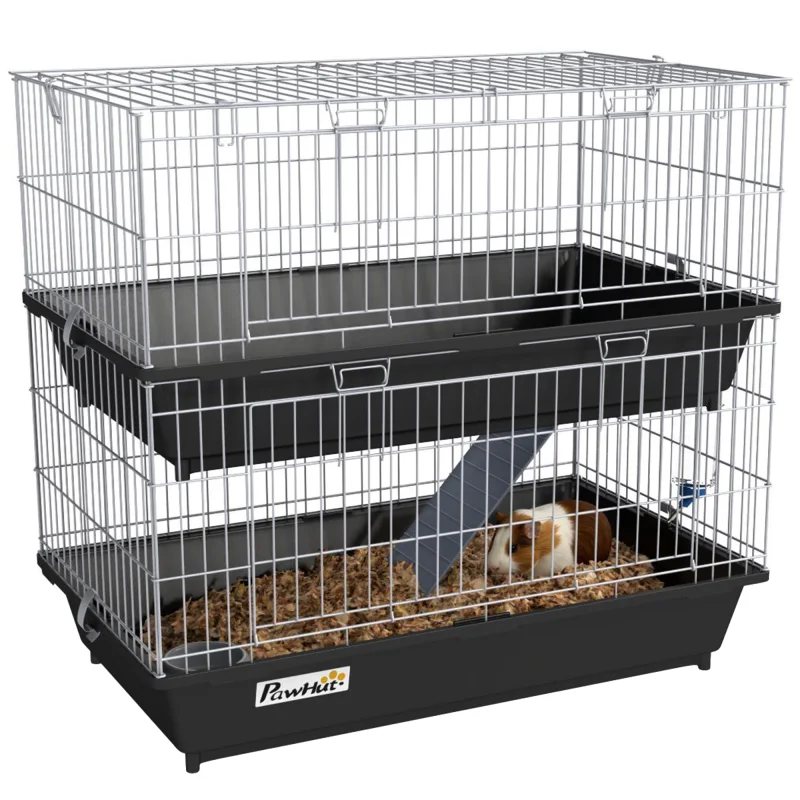 2-Tier Small Animal Cage with 2 Doors, Trays, Dish, Bottle, and Ramp for Bunny, Ferret, Chinchilla, Black