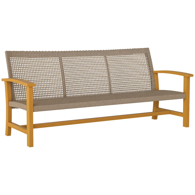 3-Seat Wicker Outdoor Couch Patio Sofa, Acacia Wood Patio Furniture with Steel Seat Armrests, 1000 LBS Capacity, Teak