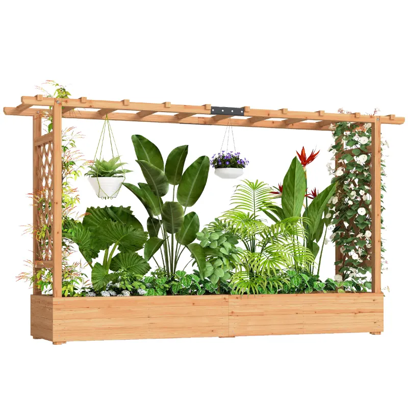 Wooden Planter Box with Trellis, Hanging Roof and Drainage Holes for Climbing Plants, Vegetables, Herbs and Flowers