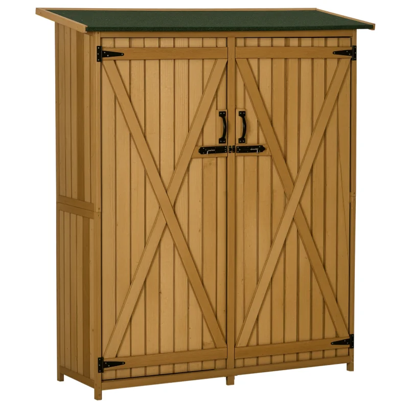 Outdoor Storage Cabinet Wooden Garden Shed Utility Tool Organizer with Waterproof Asphalt Rood, Lockable Doors, Natural