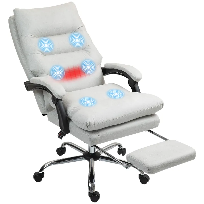 Microfibre Massage Office Chair, Heated Reclining Chair with Footrest, Double-tier Padding, Swivel Wheels, Light Gray