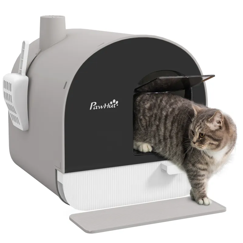 Cat Litter Box with Lid with Scoop and Filter, Light Gray