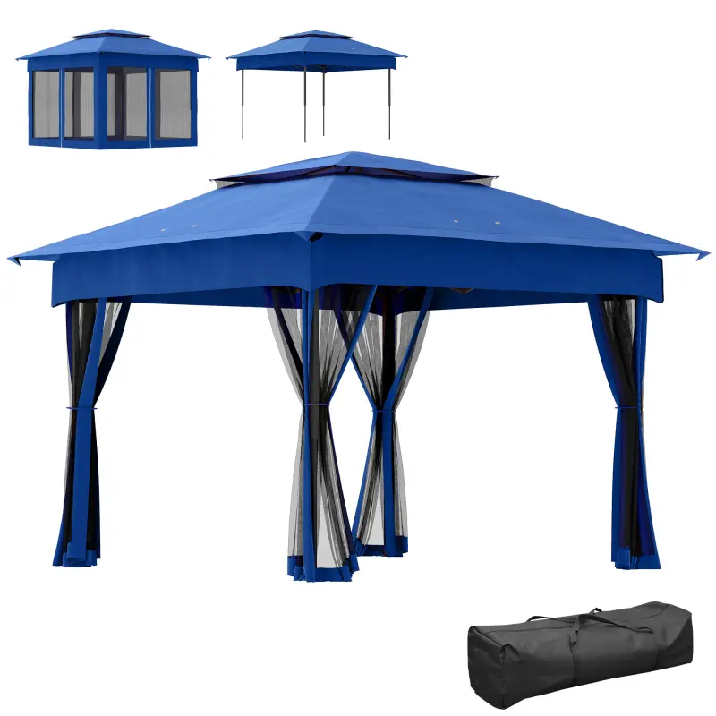 Outdoor Patio Pop Up Canopy Gazebo Shelter with Zipper Netting, Carry Bag, 11' x 11', Blue