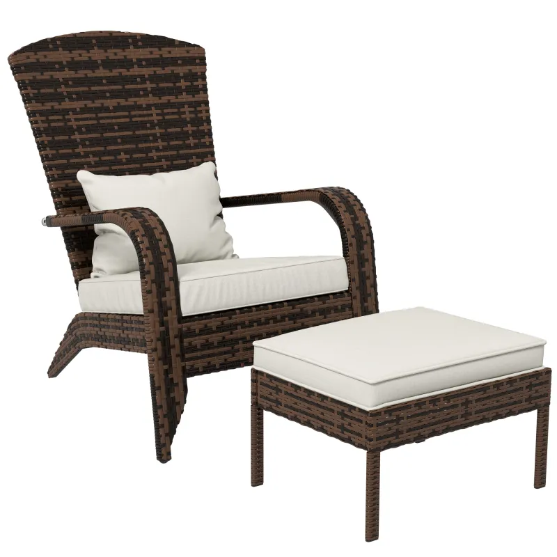 Wicker Adirondack Chair Fire Pit Chair w/ Ottoman & Cushions, White
