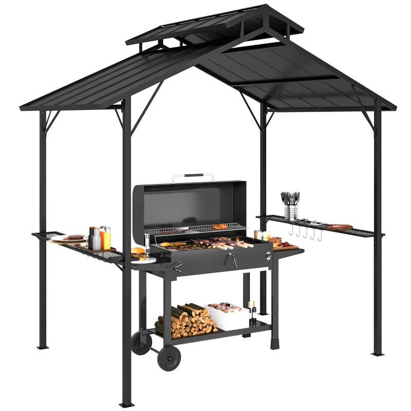8 x 5ft Hardtop Grill Gazebo with Double Metal Roof, 2 Side Shelves and 10 Hooks for Patio Backyard Lawn Deck