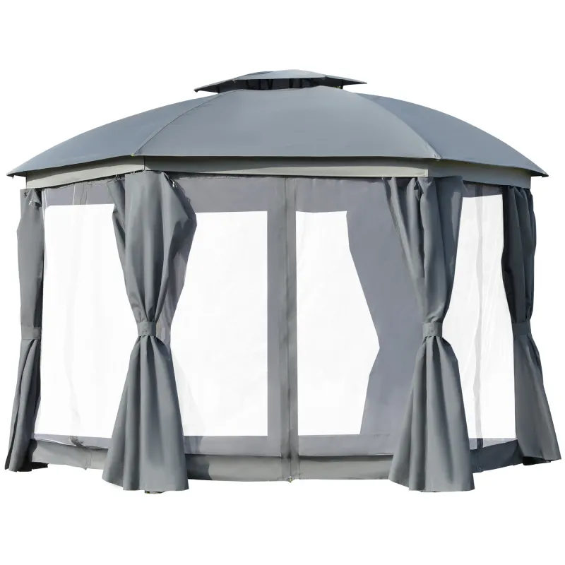 12' x 12' Round Outdoor Gazebo, Patio Dome Gazebo Canopy Shelter with Double Roof, Netting Sidewalls and Curtains, Zippered Doors, Strong Steel Frame, Grey