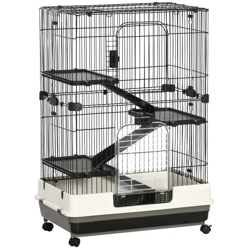 32"L 4-Level Small Animal Cage Rabbit Hutch with Wheels, Slide-out Tray for Bunny, Chinchillas, Ferret, Black