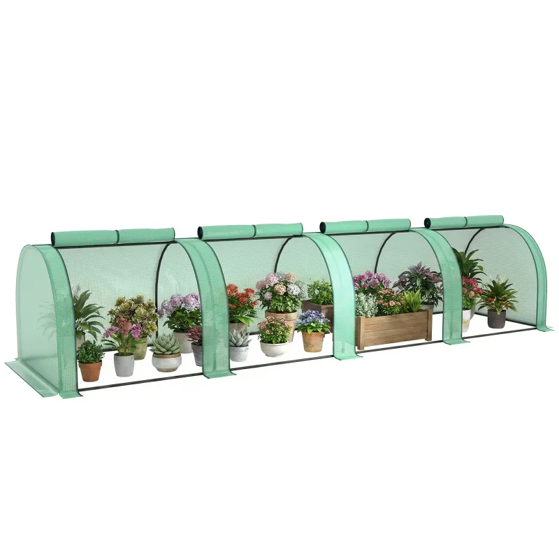13' L x 3' W x 2.5' H Portable Tunneled Greenhouse with 4 Zippered Doors, Water/UV Fighting PE Cover, Green