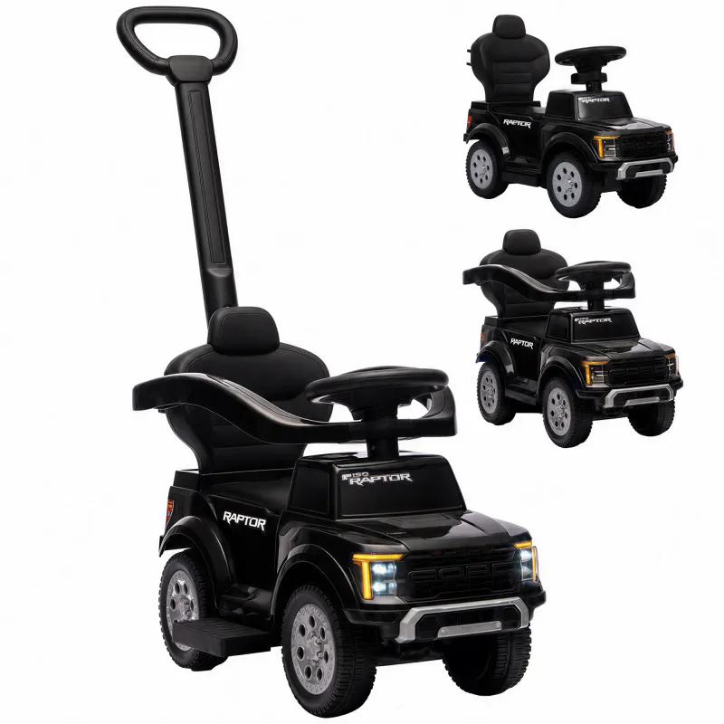 3 In 1 Licensed Ford Kids Push Car with Push Handle, Horn, Sound, Secure Bar, Storage, for Toddlers 18-36 Months, Black