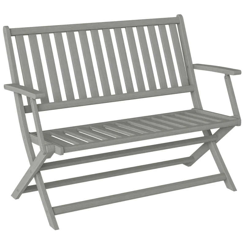 2-Person Foldable Wood Outdoor Bench with Backrest and Armrests for Garden, Porch, Park, Balcony, Gray