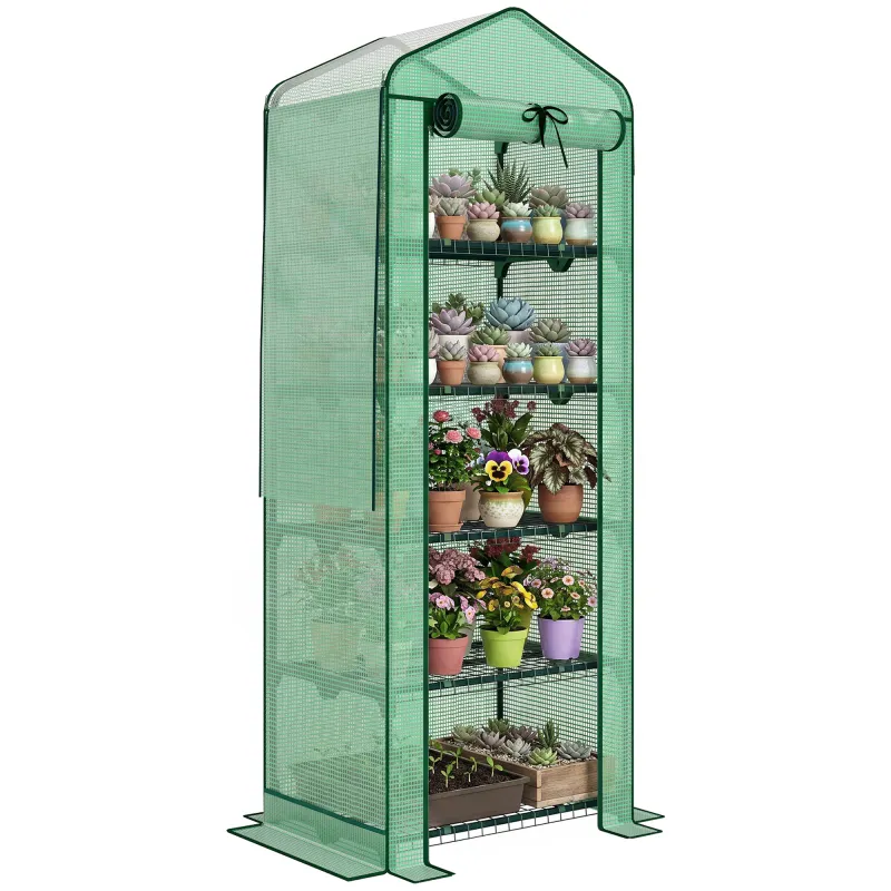 Mini Greenhouse with Screen Roof, 5 Tier Portable Small Greenhouse with High Strength PE Cover, Green