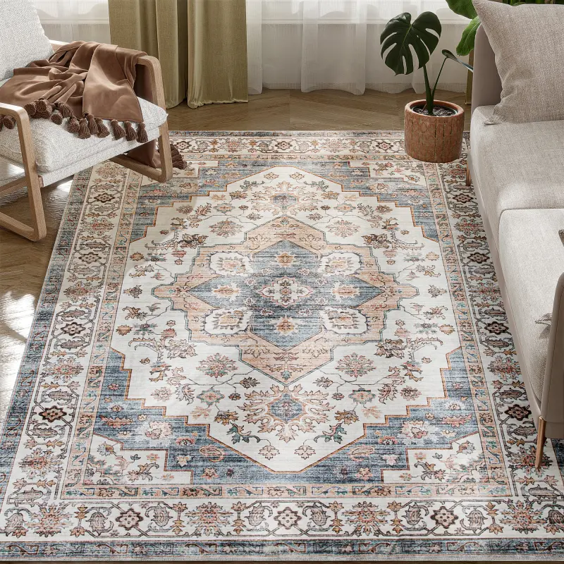 4x6 Area Rug, Vintage Machine Washable Rug, Non-Slip Carpet for Living Room, Bedroom, Dining Room, Brown & Light Blue