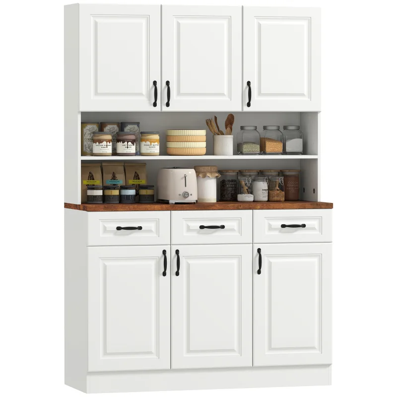 71" Kitchen Pantry Cabinet, Freestanding Farmhouse Storage Cabinet with Wide 2-Tier Microwave Stand Countertop, White