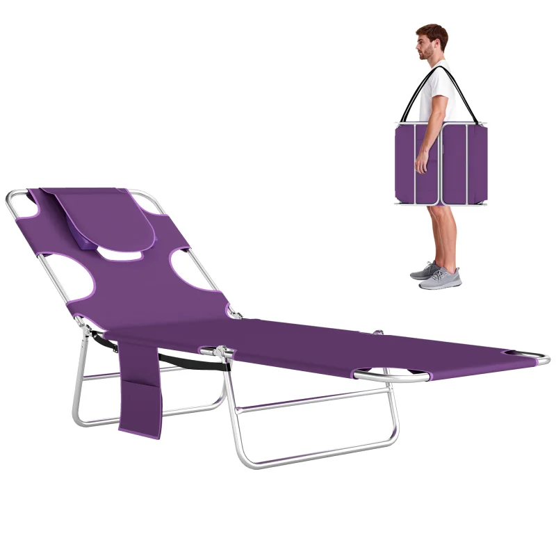 Tanning Chair with Face Hole, 5-Level Adjustable Outdoor Chaise Lounge Chair with Pillow for Beach, Pool, Purple