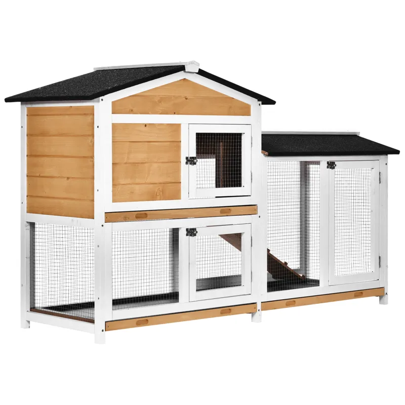 62" Rabbit Hutch, Wooden Bunny Hutch, Guinea Pig Cage, Small Animal Enclosure with Run Area, Removable Tray