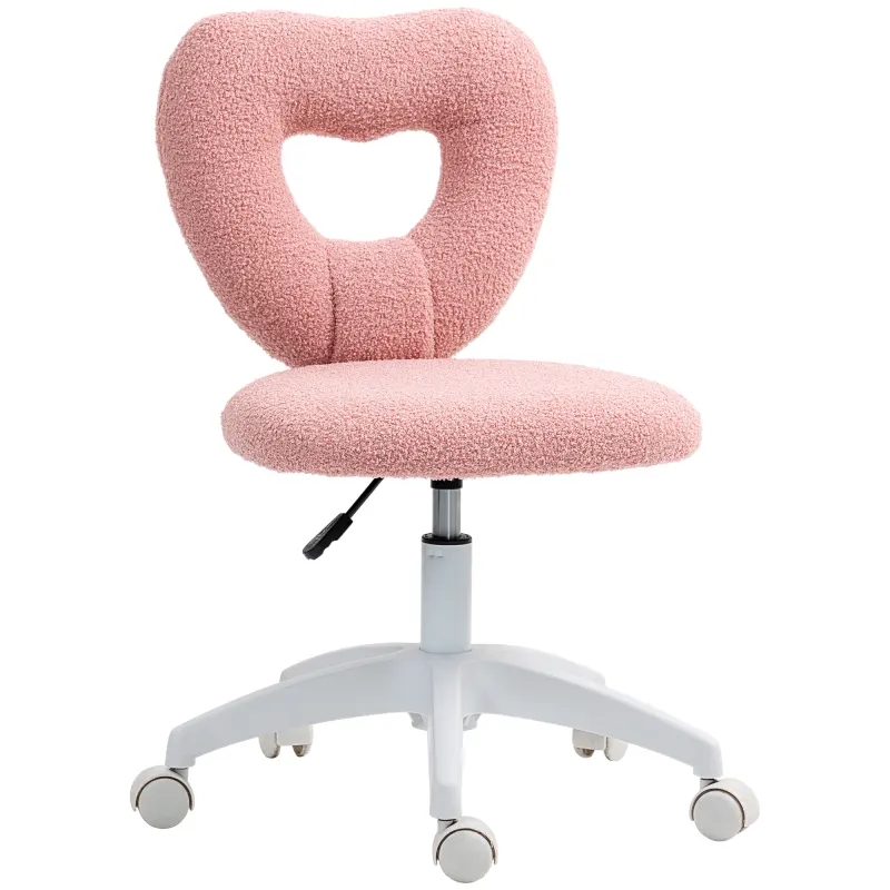 Armless Computer Desk Chair, Office Task Chair, Teddy Fleece Heart Makeup Vanity Chair with Swivel Wheels, Pink