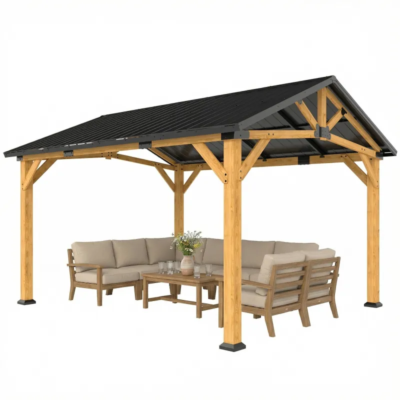 13' x 11' Hardtop Gazebo Canopy with Galvanised Metal Roof, Fir Wood Frame and Central Hook for Patio, Black Gray