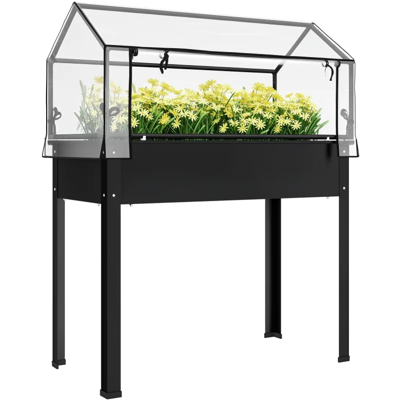 Elevated Garden Box with Greenhouse Cover, Raised Garden Bed with Legs and Drainage Hole for Vegetables, Black