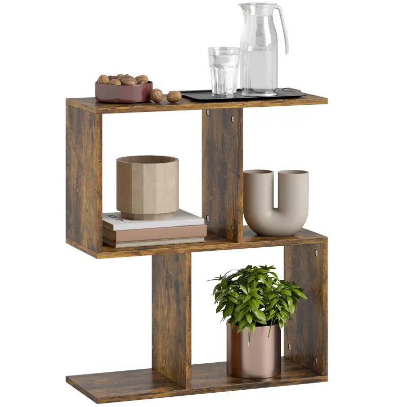 End Table, Narrow Side Table with Storage Shelves, S-Shaped, 3-Tier, 19.7" W x 7.7" D x 22.8" H, Rustic Brown