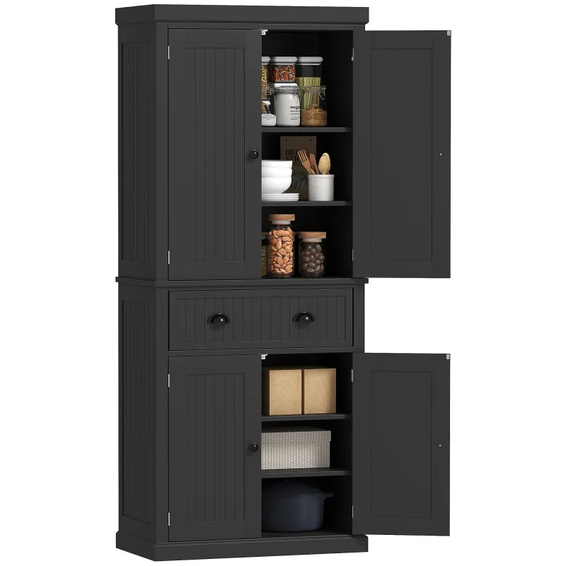 72" Kitchen Pantry Storage Cabinet, Cupboard with 4 Doors and 3 Adjustable Shelves, Large Central Drawer, Black