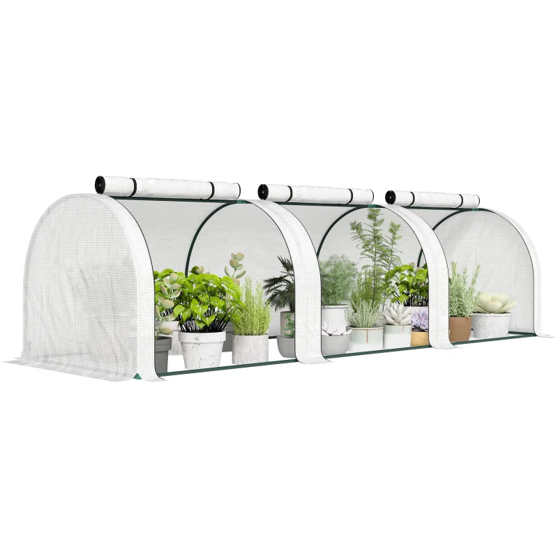 9.7' L x 3' W x 2.5' H Portable Tunneled Greenhouse with 3 Zippered Doors, Water/UV Fighting PE Cover, White