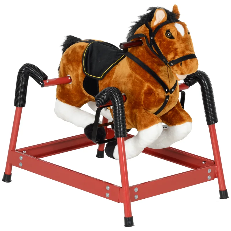 Spring Rocking Horse, Kids Ride on Horse, Plush Horse Ride-on w/ Sounds & Foot Stirrups for Kids 3-8 Years, Brown