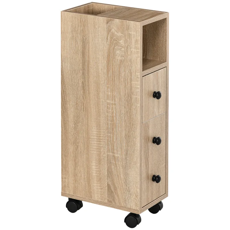 Freestanding Compact Design Bathroom Cabinet with 2 Open Cabinets, 1 Door Cabinet, 1 Drawer and 4 Rolling Wheels, Oak