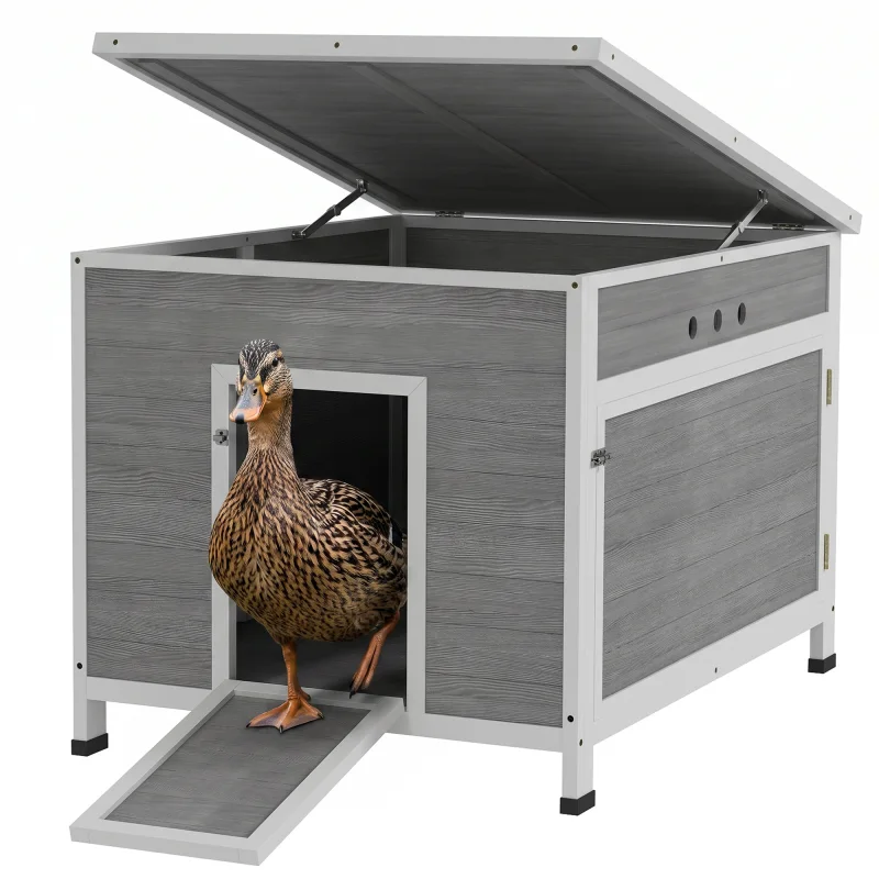 Wooden Duck Coop with Openable Roof, Removable Floor, Double Doors, Ramp, for 3-6 Ducks, Chickens, 30" x 38" x 30"