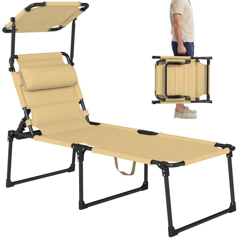 Outdoor Lounge Chair, 4 Position Adjustable Backrest, Folding, Cushioned w/ Sun Shade Roof & Pillow, Cream White