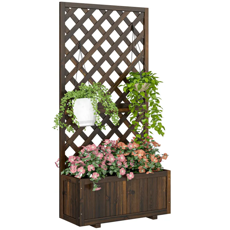 Wooden Raised Garden Bed Planting Planter Box with Trellis and Drain Holes for Climbing Vine Plants, Brown