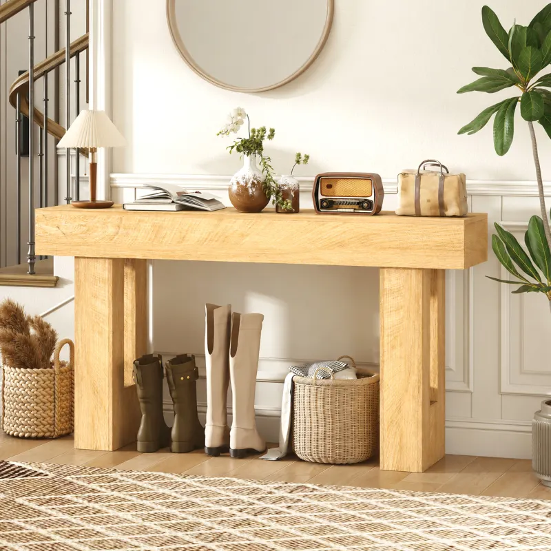 63 Inch Console Table, Sofa Table Behind the Couch with Thickened Tabletop for Living Room, Hallway, Entrance, Oak