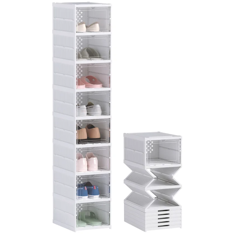 Stackable Plastic Shoe Boxes, 8 Pack Foldable Shoe Storage Boxes with Clear Door, No Assembly, Fit Size 10, White