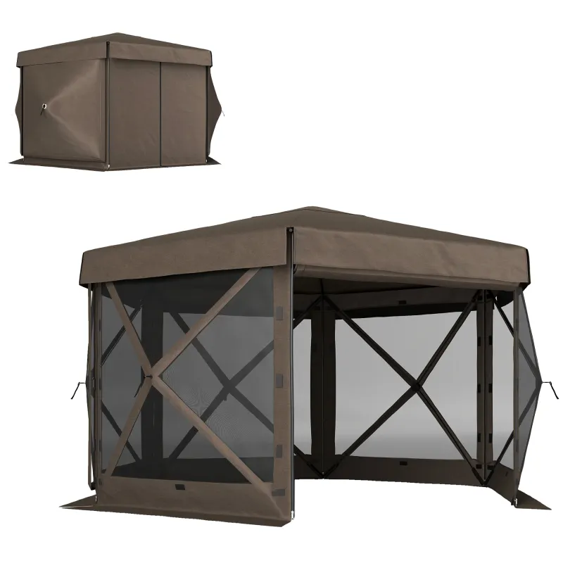 12' x 12' Hexagonal Pop Up Gazebo Canopy Tent with 5 Sidewalls, Outdoor Canopy Shelter with Carry Bag, Brown