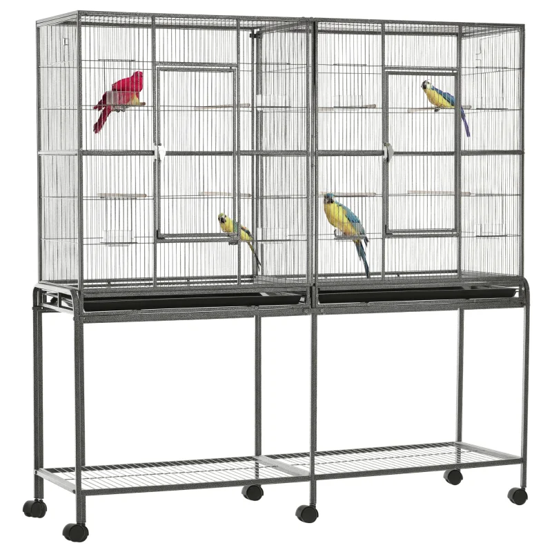 Rolling 65"L Bird Cage w/ Storage Shelf Wood Perch Food Container