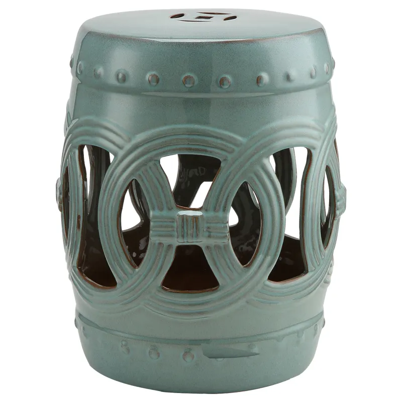 14" x 17" Ceramic Garden Stool with Double-Coin Knotted Ring Design & Strong Glazed Material, Decorative End Table, Home Collection, Antique Blue