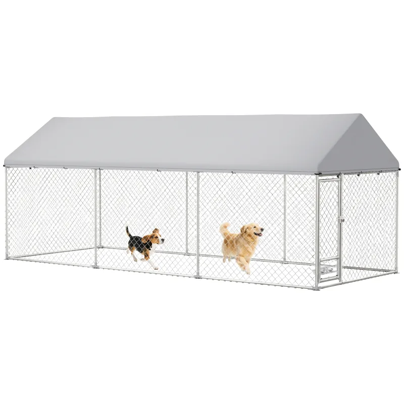 Outdoor Dog Kennel w/ Adjustable & Rotatable Bowl Rack, Waterproof UV-Resistant Cover, Secure Lock, 19.7' x 7.5' x 7.5'