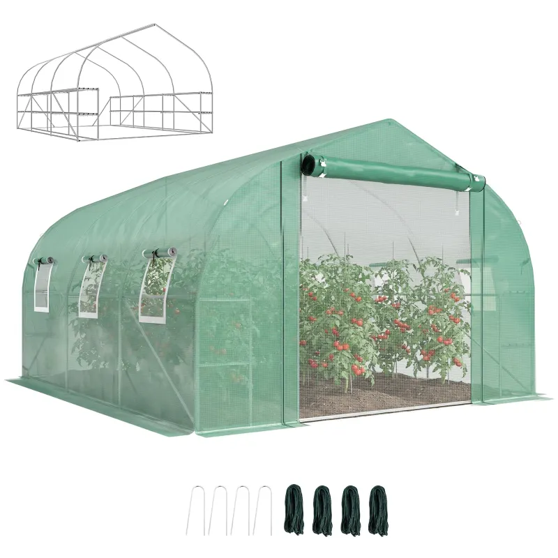 10'x11'x6' Walk-in Tunnel Greenhouse with Shelves, Mesh Door and Windows, Plant Hot House with PE Cover, Green