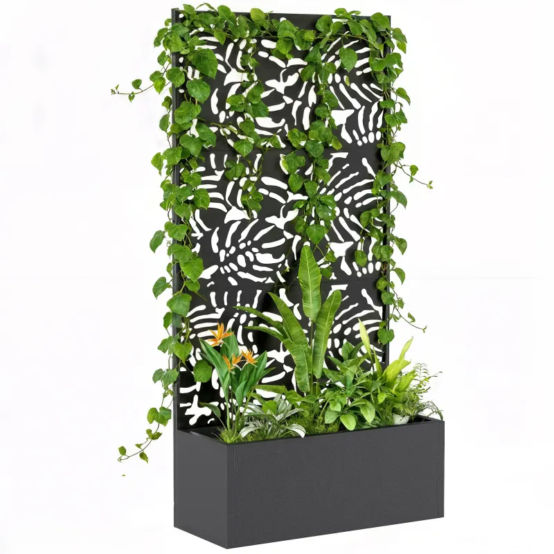Metal Planter Box with Trellis, 71" Tall Raised Garden Bed with Privacy Screen and Drainage Holes, Banana-Leaf Cut-Outs
