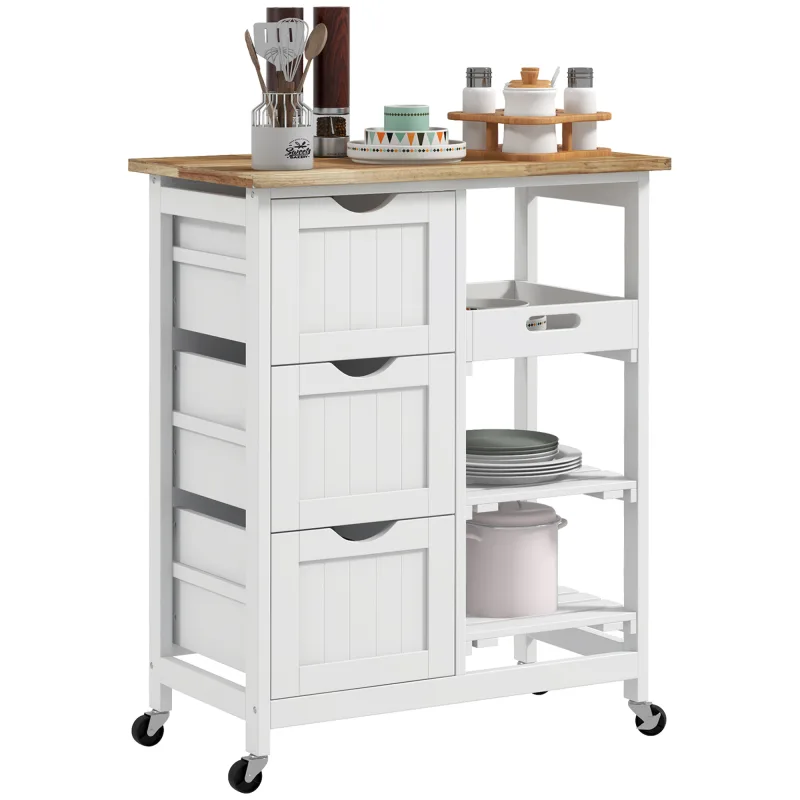 Rolling Kitchen Cart, Kitchen Island with Wood Top, Shelves & Drawers for Dining Area, White