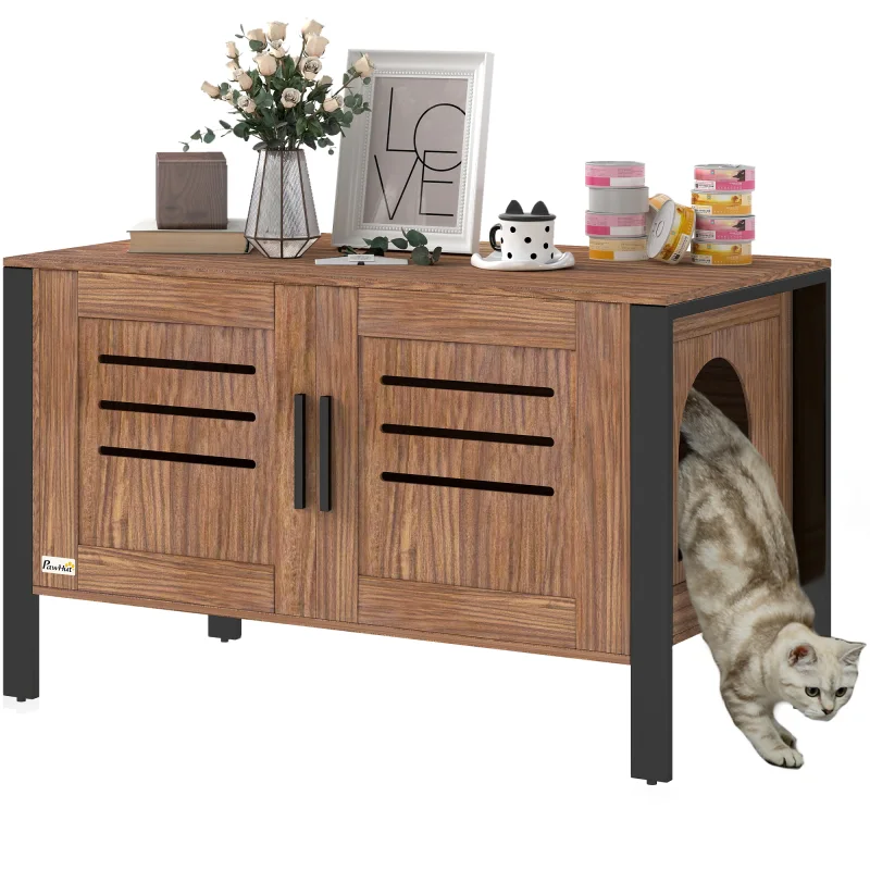 Cat Litter Box Enclosure with Tall Legs, Scratching Board, Dark Brown, 31.5"L x 17.7"W x 19.7"H