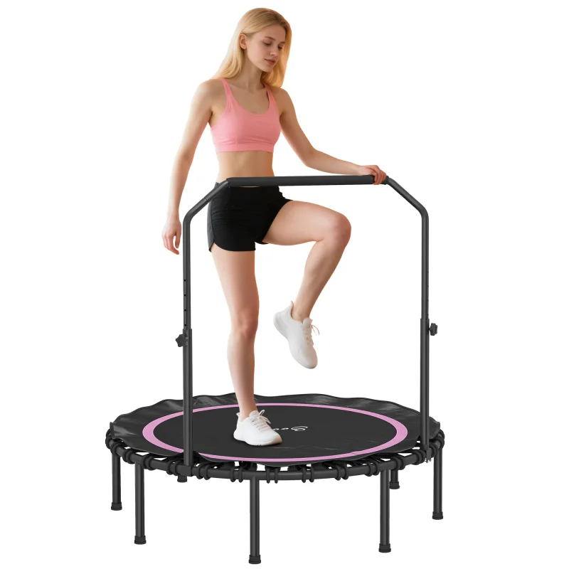 48" Rebounder Trampoline for Adults, Foldable Mini Trampoline with Adjustable Handle Bar for Indoor Outdoor, Pink