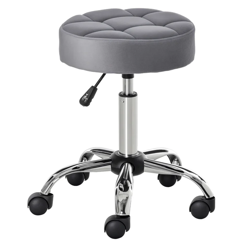 Round Rolling Stool, Height Adjustable Vanity Chair, Upholstery Office Chair with Swivel Seat and Wheels, Grey