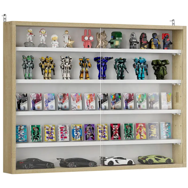 5-Tier Display Cabinet, Wall-Mounted Display Case with 2 Glass Doors and Adjustable Shelves, Oak and White