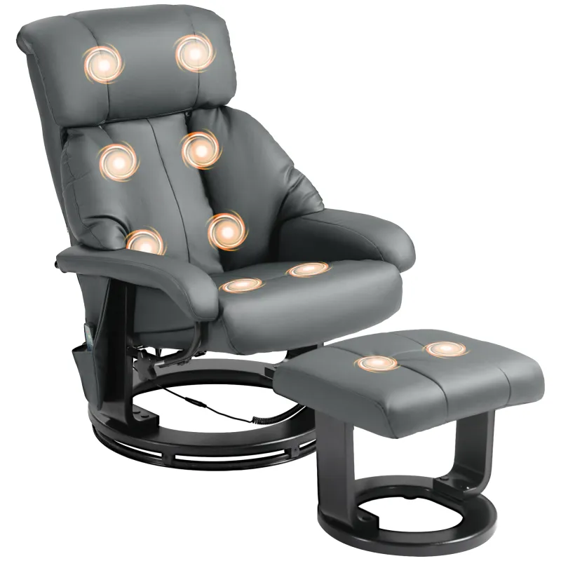 Massage Recliner Chair with Ottoman, 360° Swivel Recliner and Footstool, 10-Point Vibration, Gray