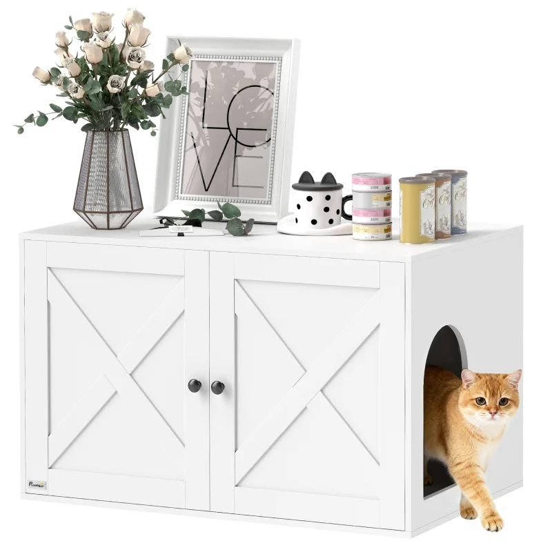 Cat Litter Box Enclosure with Barn Door, Cat Hole, 31.5" x 21" x 20", White