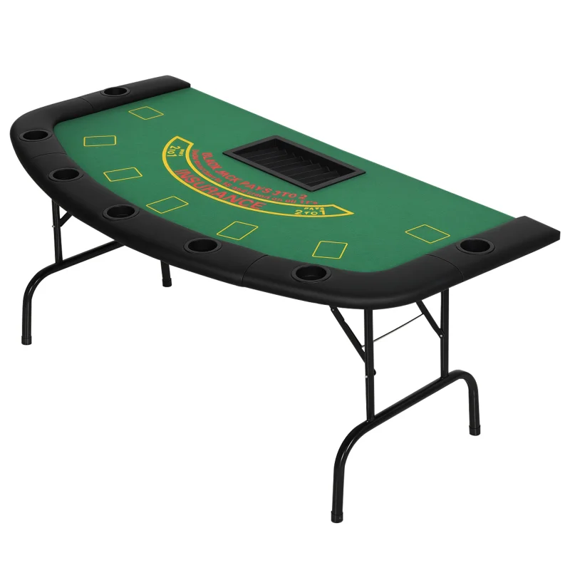 Poker Table Foldable, 72" Blackjack Table for 7 Players with Chip & Cup Holder, Green Felt
