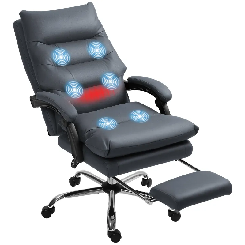 Microfibre Massage Office Chair, Heated Reclining Chair with Footrest, Double-tier Padding, Swivel Wheels, Dark Gray