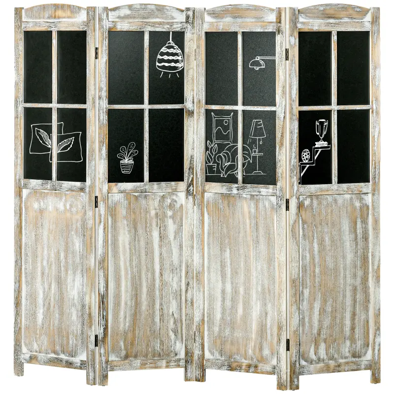 4 Panel Room Divider, 5.6' Tall Farmhouse Style Folding Indoor Portable Wood Privacy Screen with Black Boards, Hinged Freestanding Partition Wall Dividers for Home Office, Natural