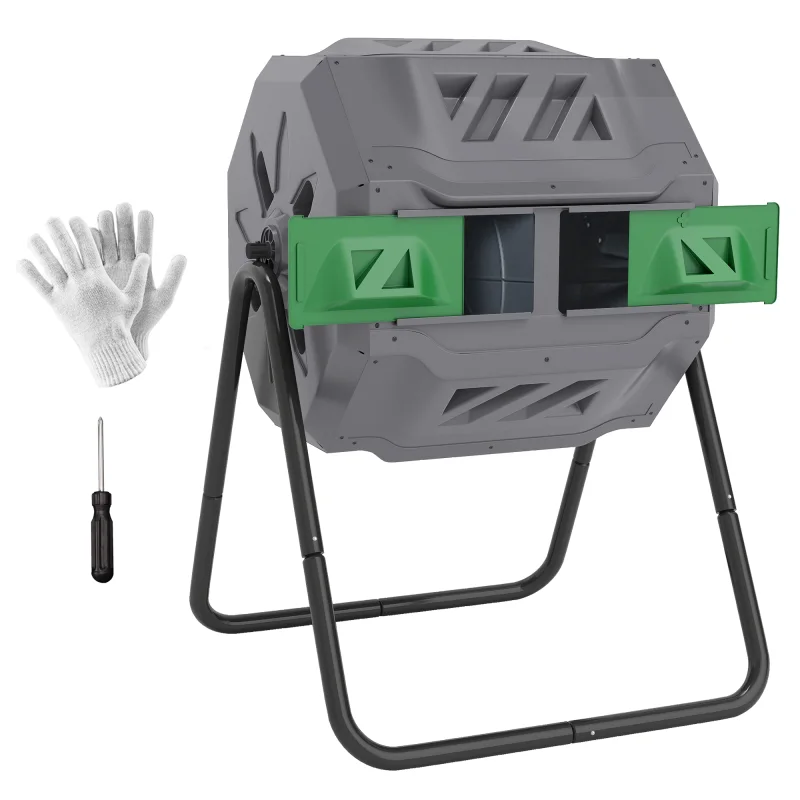 Tumbling Compost Bin Outdoor 360° Dual Chamber Rotating Composter 43 Gallon, Light Gray